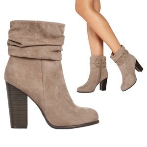 JustFab Tan “Maryetha” Slouchy Block Heel Ankle Booties